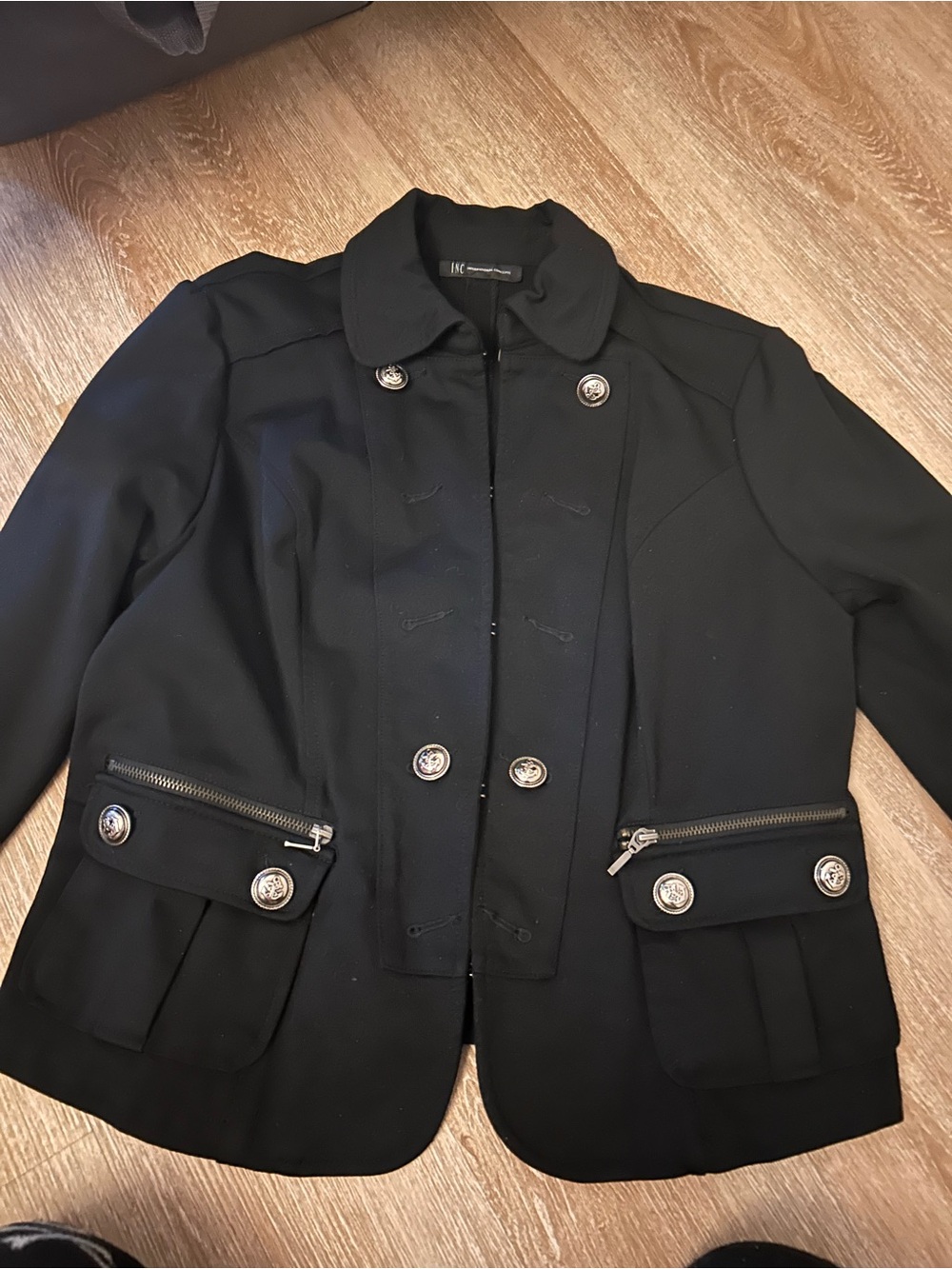 Women's Black Military-Style Blazer with Decorative Buttons
